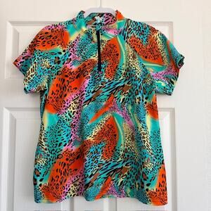 Tzu Tzu Polo Top Stand Up Collar 1/4 Zip Short Sleeve Animal Print Women's XL